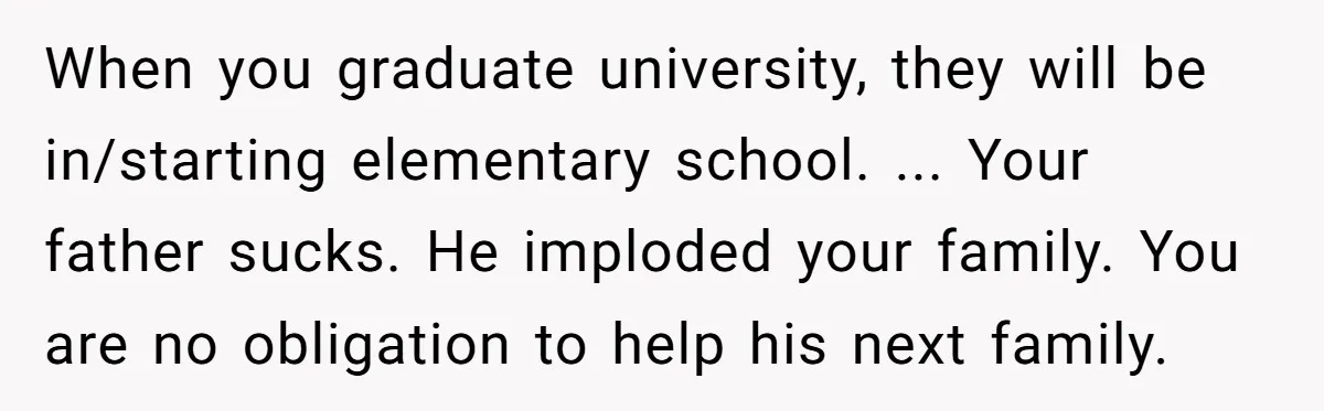 When you graduate university, they will be in/starting elementary school. ... Your father sucks. He imploded your family. You are no obligation to help his next family.