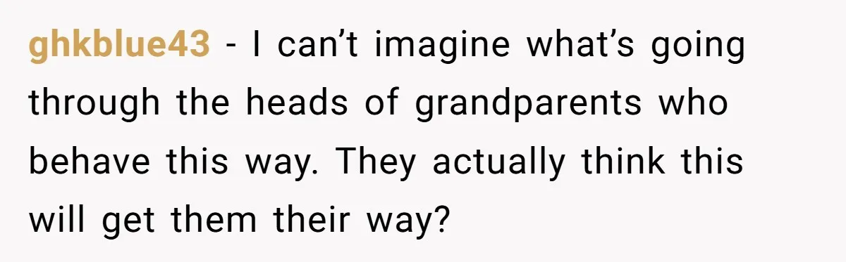 ghkblue43 − I can’t imagine what’s going through the heads of grandparents who behave this way. They actually think this will get them their way?