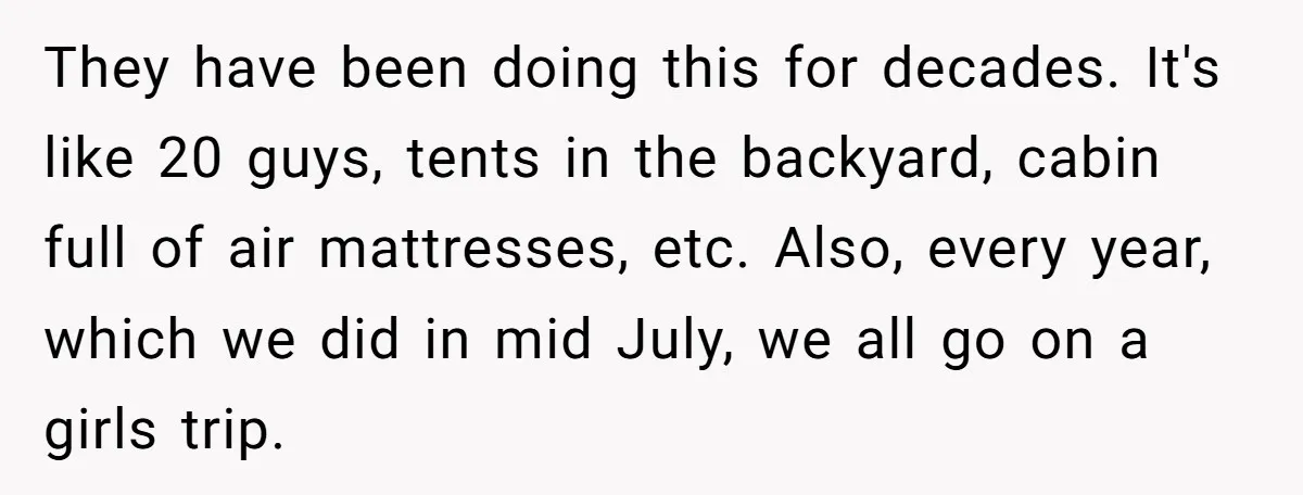 They have been doing this for decades. It's like 20 guys, tents in the backyard, cabin full of air mattresses, etc. Also, every year, which we did in mid July,...