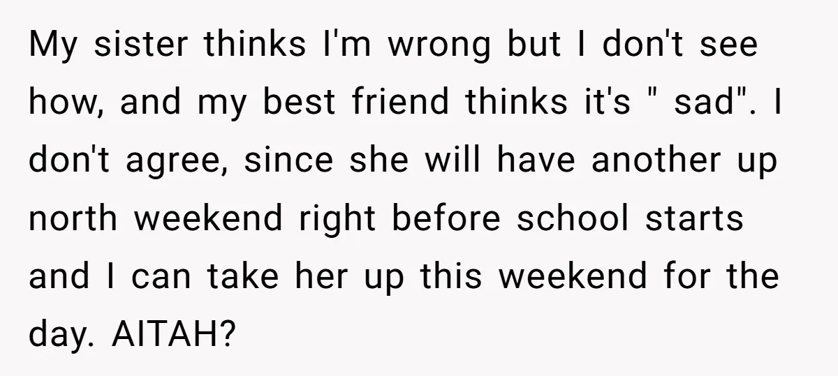 My sister thinks I'm wrong but I don't see how, and my best friend thinks it's " sad". I don't agree, since she will have another up north weekend right...