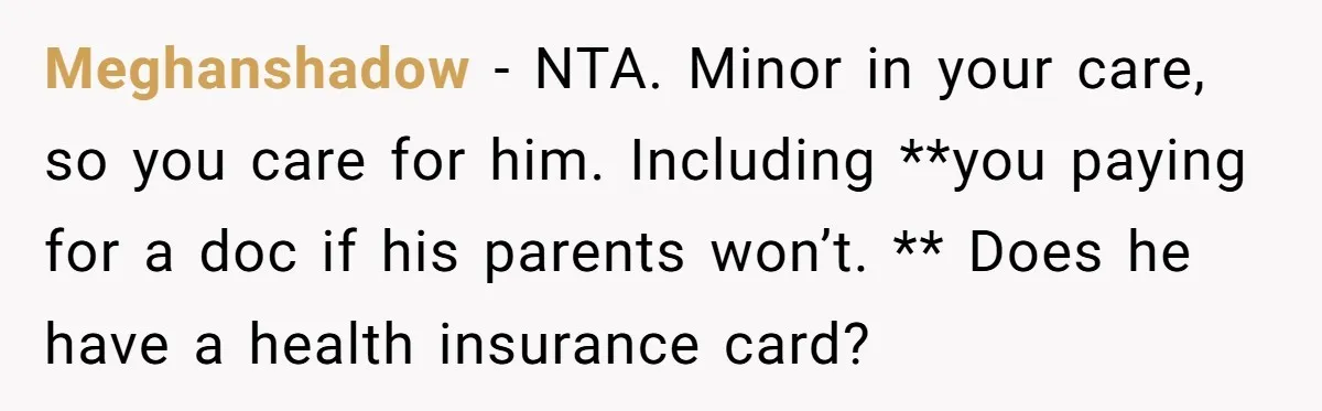 Meghanshadow − NTA. Minor in your care, so you care for him. Including **you paying for a doc if his parents won’t. ** Does he have a health insurance card?