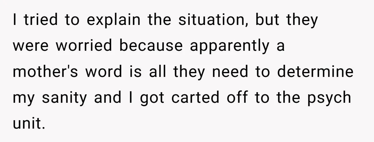 I tried to explain the situation, but they were worried because apparently a mother's word is all they need to determine my sanity and I got carted off to the...