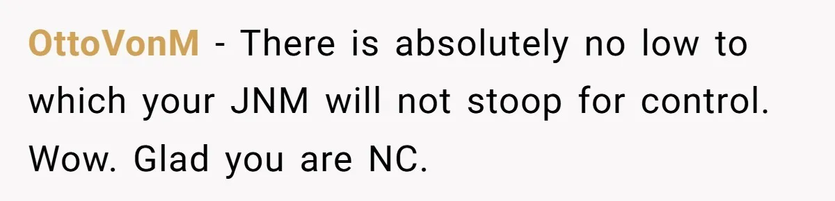 OttoVonM − There is absolutely no low to which your JNM will not stoop for control. Wow. Glad you are NC.
