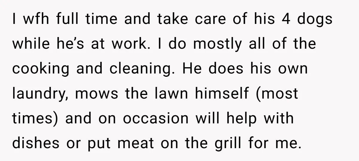 I wfh full time and take care of his 4 dogs while he’s at work. I do mostly all of the cooking and cleaning. He does his own laundry, mows...