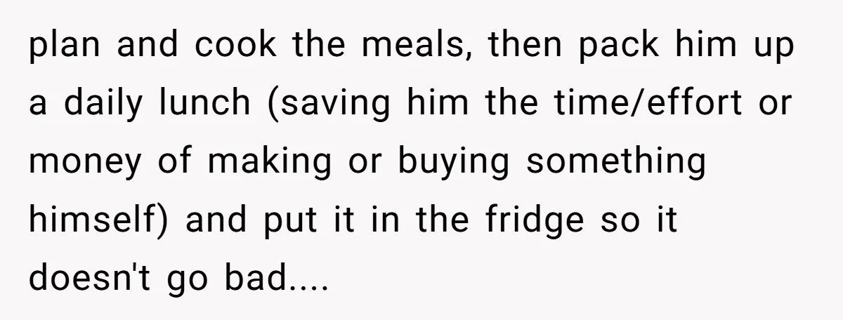 plan and cook the meals, then pack him up a daily lunch (saving him the time/effort or money of making or buying something himself) and put it in the fridge...