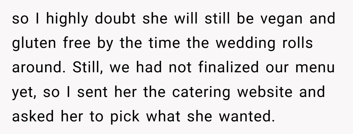 so I highly doubt she will still be vegan and gluten free by the time the wedding rolls around. Still, we had not finalized our menu yet, so I sent...