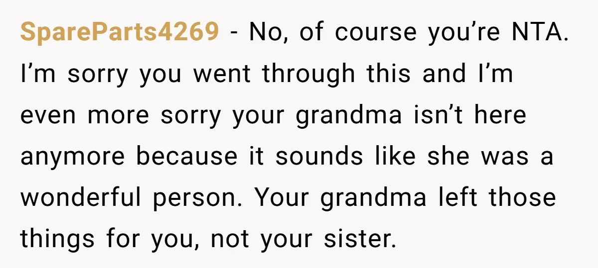 SpareParts4269 − No, of course you’re NTA. I’m sorry you went through this and I’m even more sorry your grandma isn’t here anymore because it sounds like she was a...