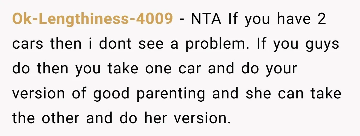 Ok-Lengthiness-4009 − NTA If you have 2 cars then i dont see a problem. If you guys do then you take one car and do your version of good parenting...
