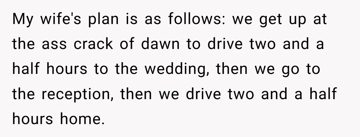 My wife's plan is as follows: we get up at the ass crack of dawn to drive two and a half hours to the wedding, then we go to the...