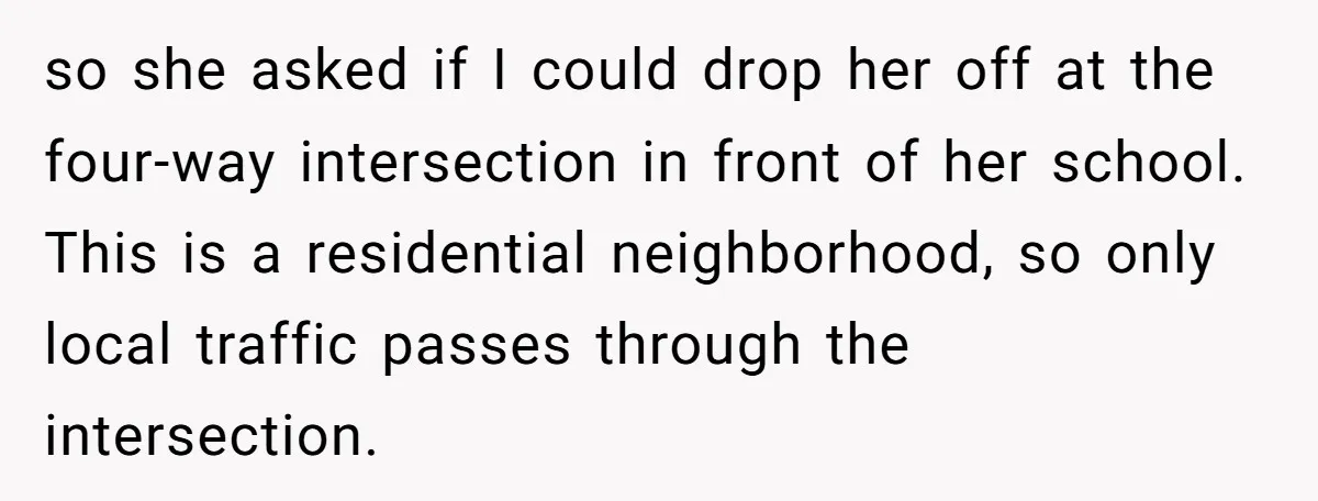 so she asked if I could drop her off at the four-way intersection in front of her school. This is a residential neighborhood, so only local traffic passes through the...