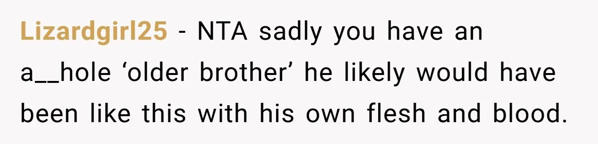 Lizardgirl25 − NTA sadly you have an a__hole ‘older brother’ he likely would have been like this with his own flesh and blood.