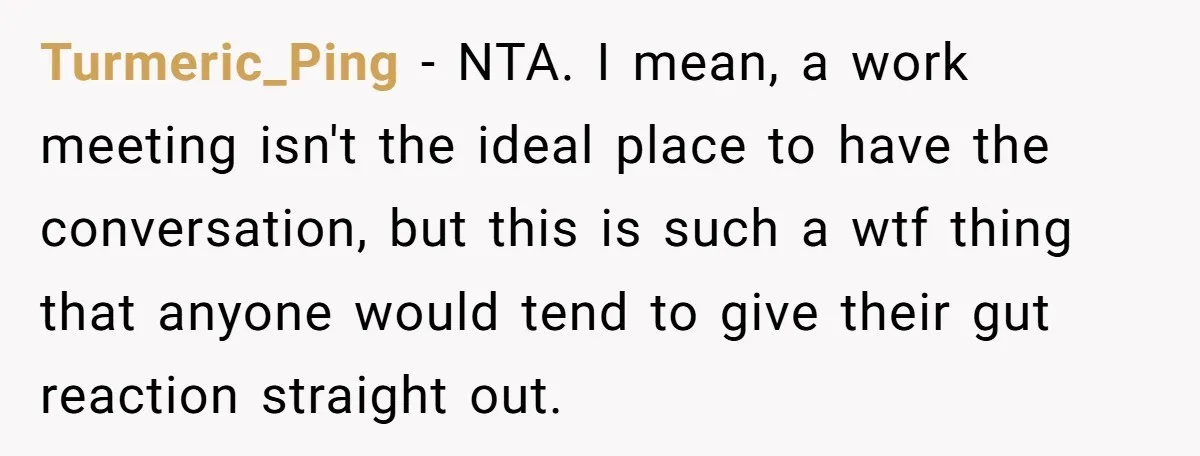 Turmeric_Ping − NTA. I mean, a work meeting isn't the ideal place to have the conversation, but this is such a wtf thing that anyone would tend to give their...