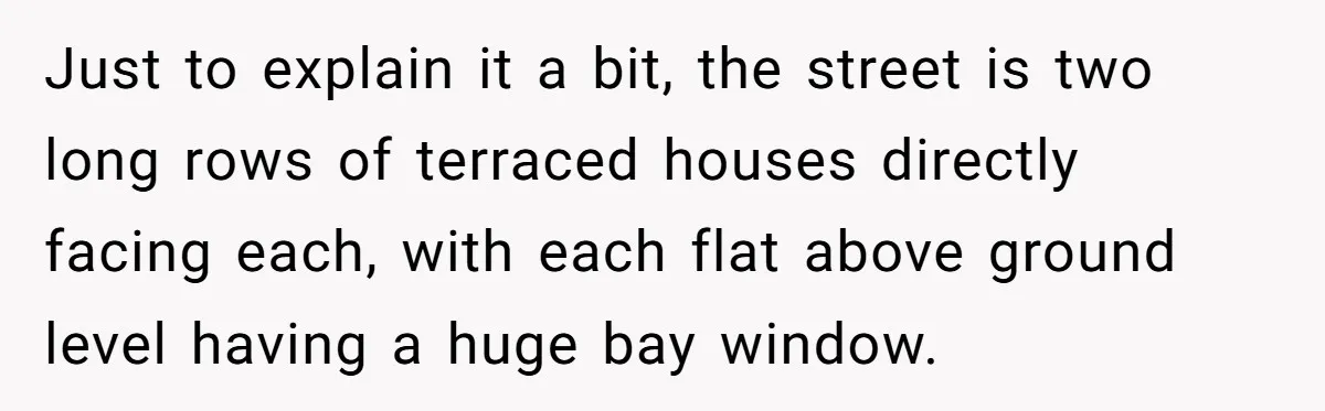 Just to explain it a bit, the street is two long rows of terraced houses directly facing each, with each flat above ground level having a huge bay window.