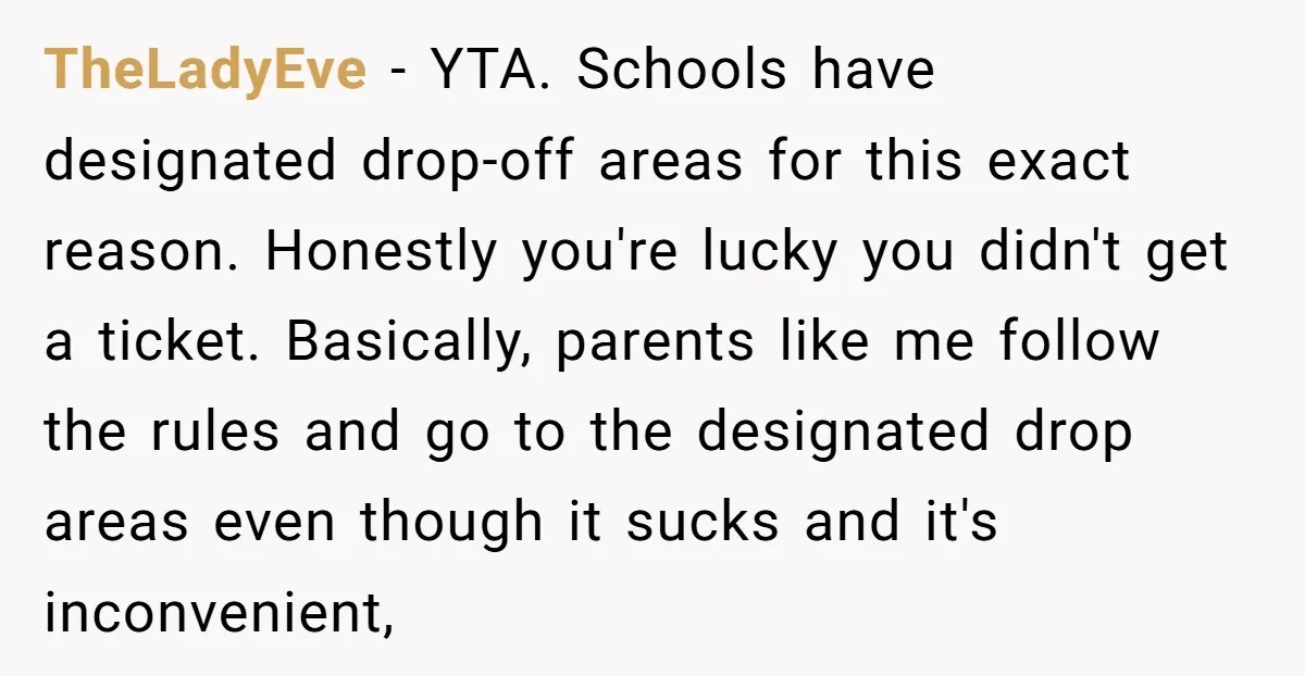 TheLadyEve − YTA. Schools have designated drop-off areas for this exact reason. Honestly you're lucky you didn't get a ticket. Basically, parents like me follow the rules and go to...
