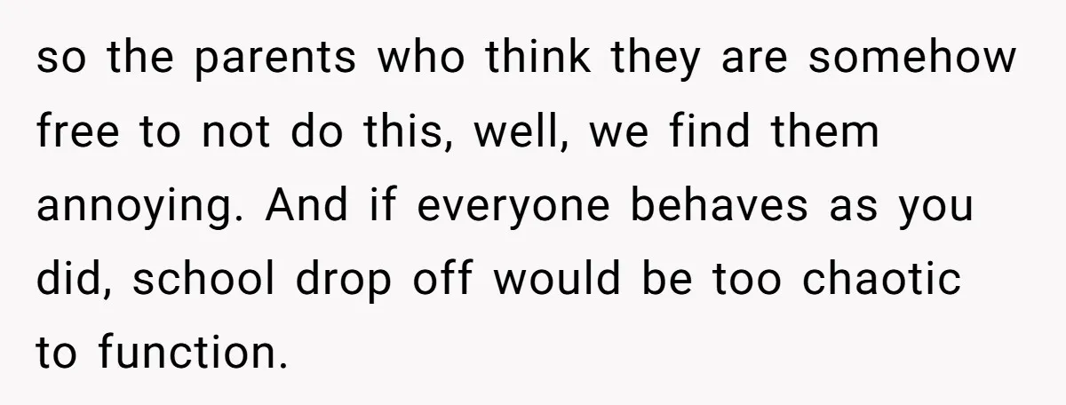 so the parents who think they are somehow free to not do this, well, we find them annoying. And if everyone behaves as you did, school drop off would be...