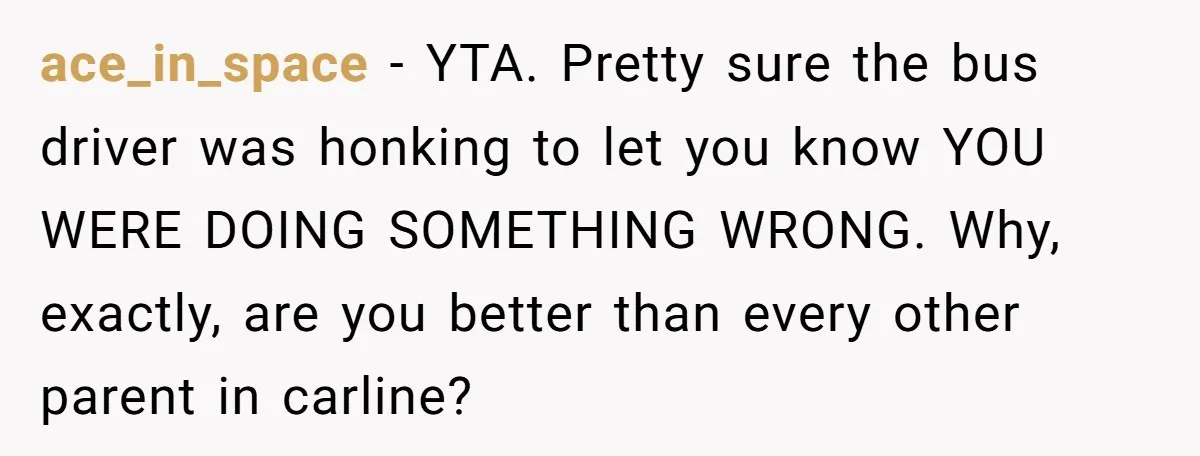 ace_in_space − YTA. Pretty sure the bus driver was honking to let you know YOU WERE DOING SOMETHING WRONG. Why, exactly, are you better than every other parent in carline?