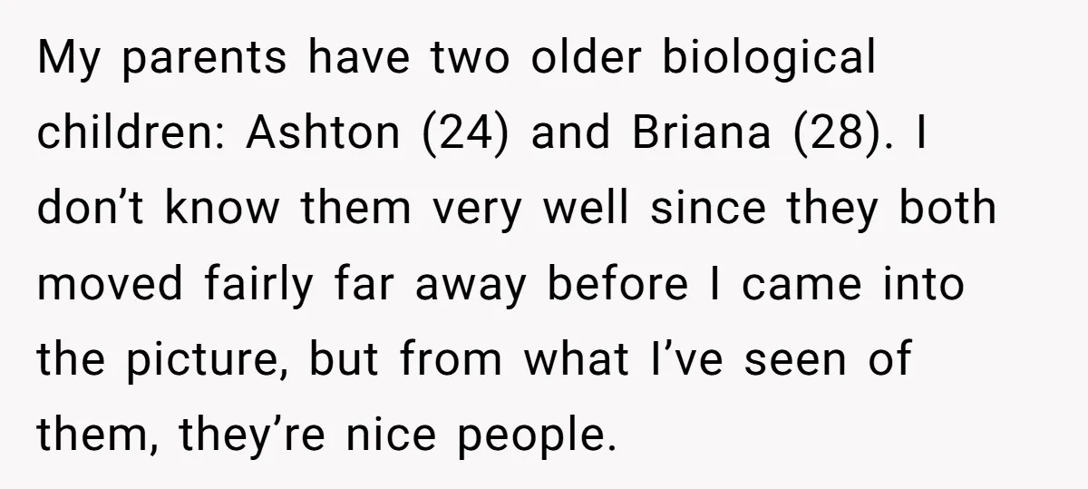 My parents have two older biological children: Ashton (24) and Briana (28). I don’t know them very well since they both moved fairly far away before I came into the...