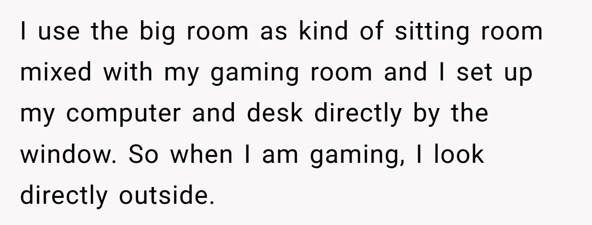 I use the big room as kind of sitting room mixed with my gaming room and I set up my computer and desk directly by the window. So when I...