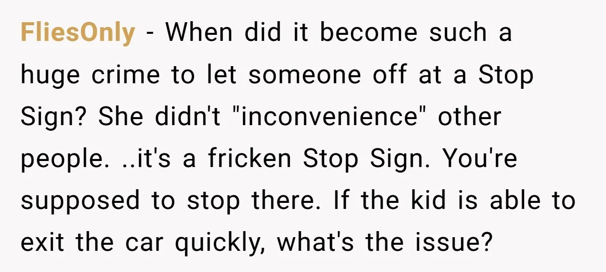 FliesOnly − When did it become such a huge crime to let someone off at a Stop Sign? She didn't "inconvenience" other people. ..it's a fricken Stop Sign. You're supposed...