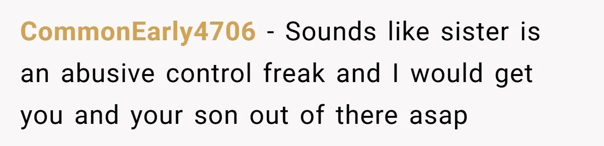 CommonEarly4706 − Sounds like sister is an abusive control freak and I would get you and your son out of there asap