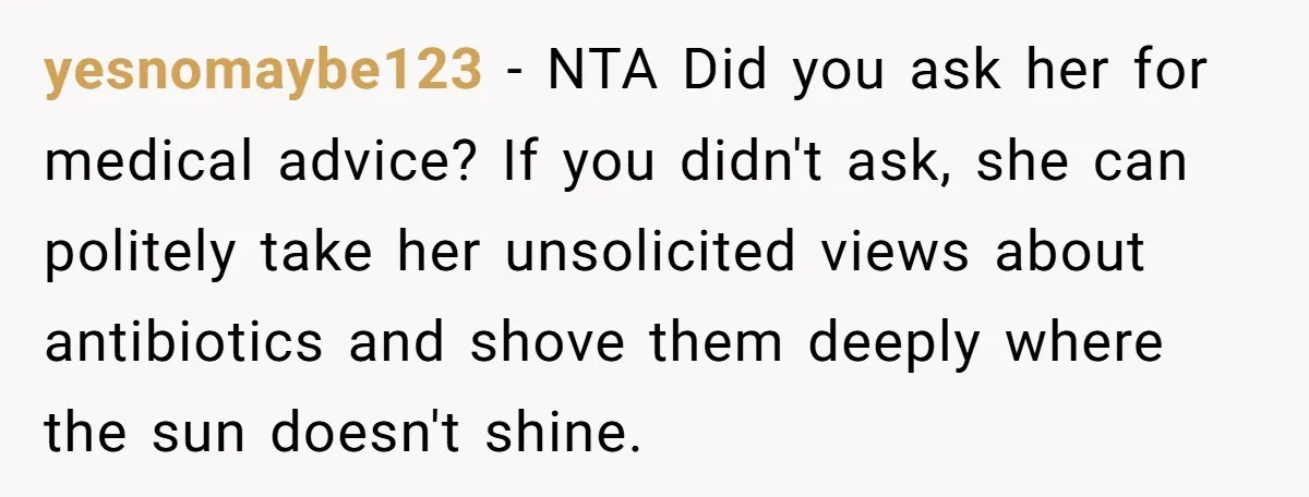 yesnomaybe123 − NTA Did you ask her for medical advice? If you didn't ask, she can politely take her unsolicited views about antibiotics and shove them deeply where the sun...
