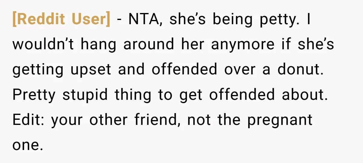 [Reddit User] − NTA, she’s being petty. I wouldn’t hang around her anymore if she’s getting upset and offended over a donut. Pretty stupid thing to get offended about. Edit:...