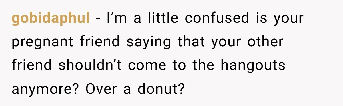 gobidaphul − I’m a little confused is your pregnant friend saying that your other friend shouldn’t come to the hangouts anymore? Over a donut?