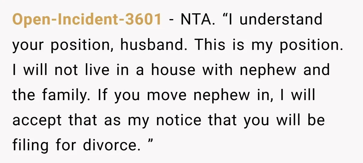 Open-Incident-3601 − NTA. “I understand your position, husband. This is my position. I will not live in a house with nephew and the family. If you move nephew in, I...