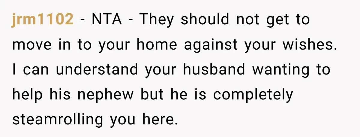 jrm1102 − NTA - They should not get to move in to your home against your wishes. I can understand your husband wanting to help his nephew but he is...