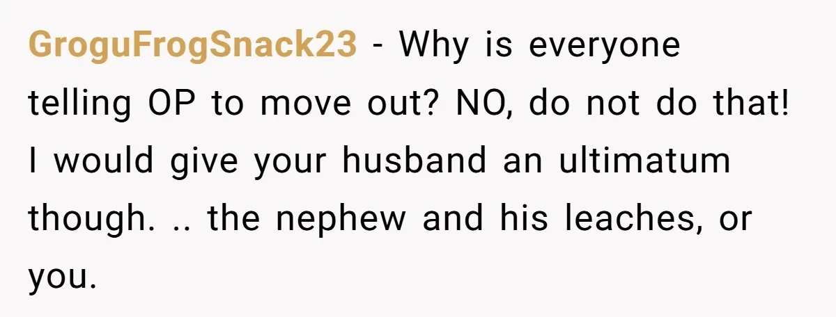 GroguFrogSnack23 − Why is everyone telling OP to move out? NO, do not do that! I would give your husband an ultimatum though. .. the nephew and his leaches, or...