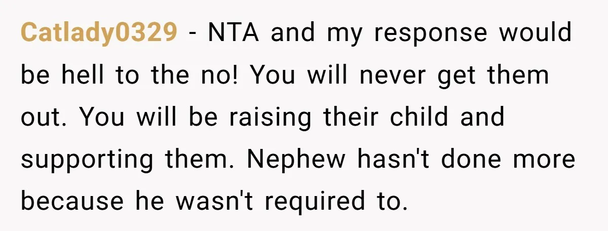 Catlady0329 − NTA and my response would be hell to the no! You will never get them out. You will be raising their child and supporting them. Nephew hasn't done...