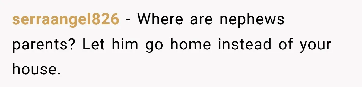serraangel826 − Where are nephews parents? Let him go home instead of your house.