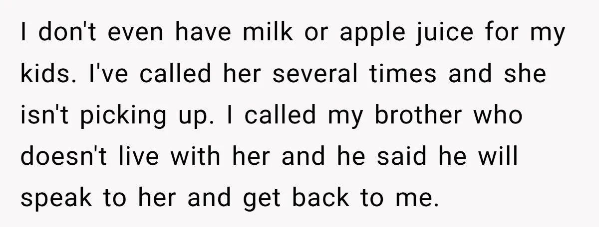 I don't even have milk or apple juice for my kids. I've called her several times and she isn't picking up. I called my brother who doesn't live with her...