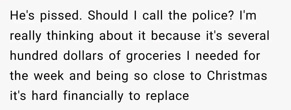 He's pissed. Should I call the police? I'm really thinking about it because it's several hundred dollars of groceries I needed for the week and being so close to Christmas...