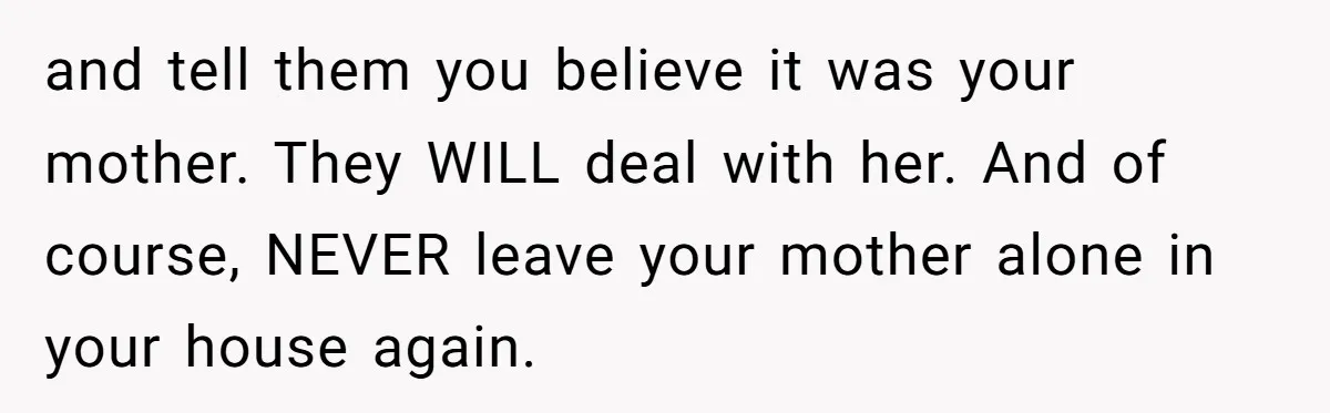 and tell them you believe it was your mother. They WILL deal with her. And of course, NEVER leave your mother alone in your house again.