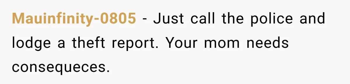 Mauinfinity-0805 − Just call the police and lodge a theft report. Your mom needs consequeces.