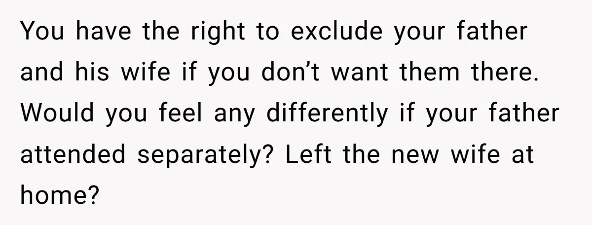 You have the right to exclude your father and his wife if you don’t want them there. Would you feel any differently if your father attended separately? Left the new...