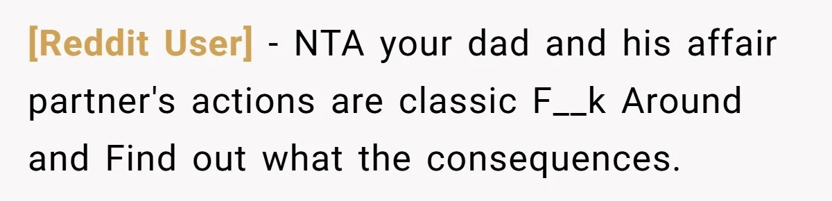 [Reddit User] − NTA your dad and his affair partner's actions are classic F__k Around and Find out what the consequences.