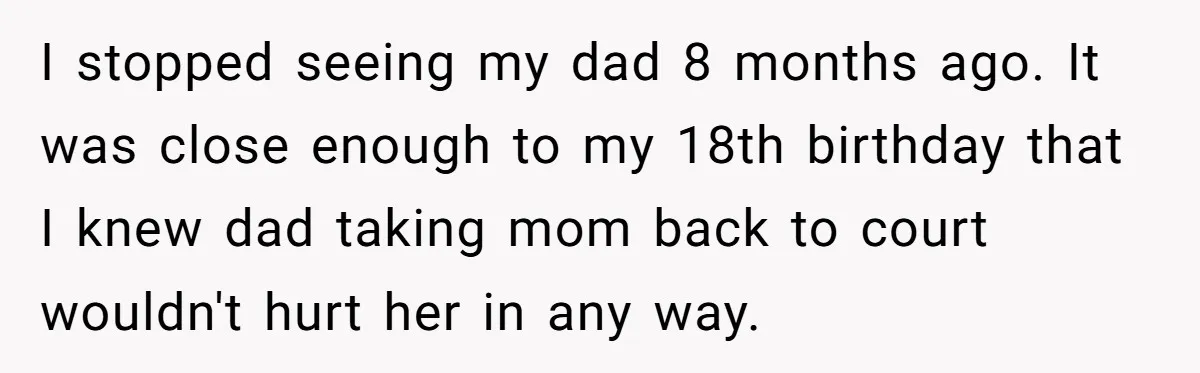 I stopped seeing my dad 8 months ago. It was close enough to my 18th birthday that I knew dad taking mom back to court wouldn't hurt her in any...