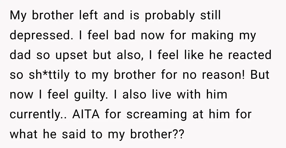 My brother left and is probably still depressed. I feel bad now for making my dad so upset but also, I feel like he reacted so sh*ttily to my brother...