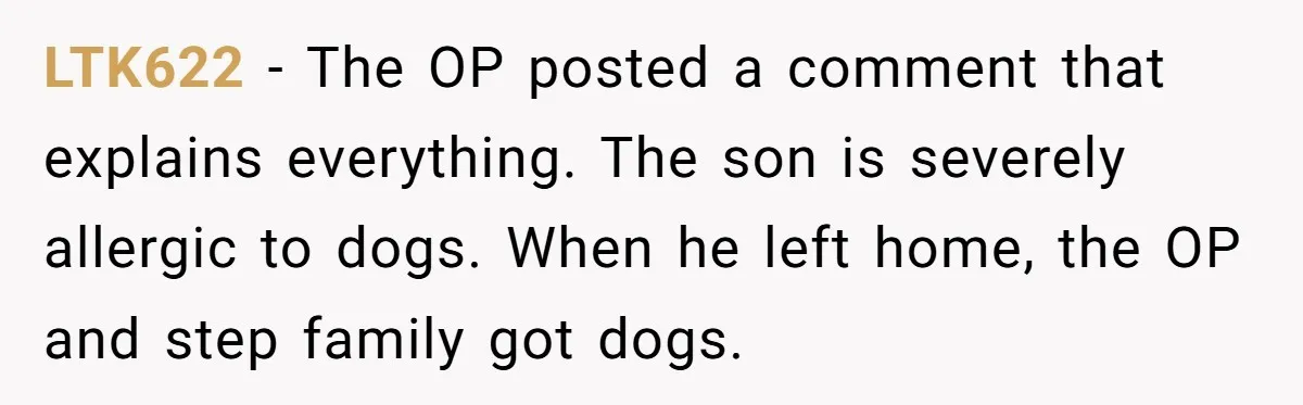 LTK622 − The OP posted a comment that explains everything. The son is severely allergic to dogs. When he left home, the OP and step family got dogs.