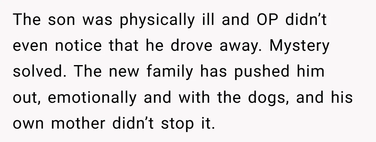 The son was physically ill and OP didn’t even notice that he drove away. Mystery solved. The new family has pushed him out, emotionally and with the dogs, and his...