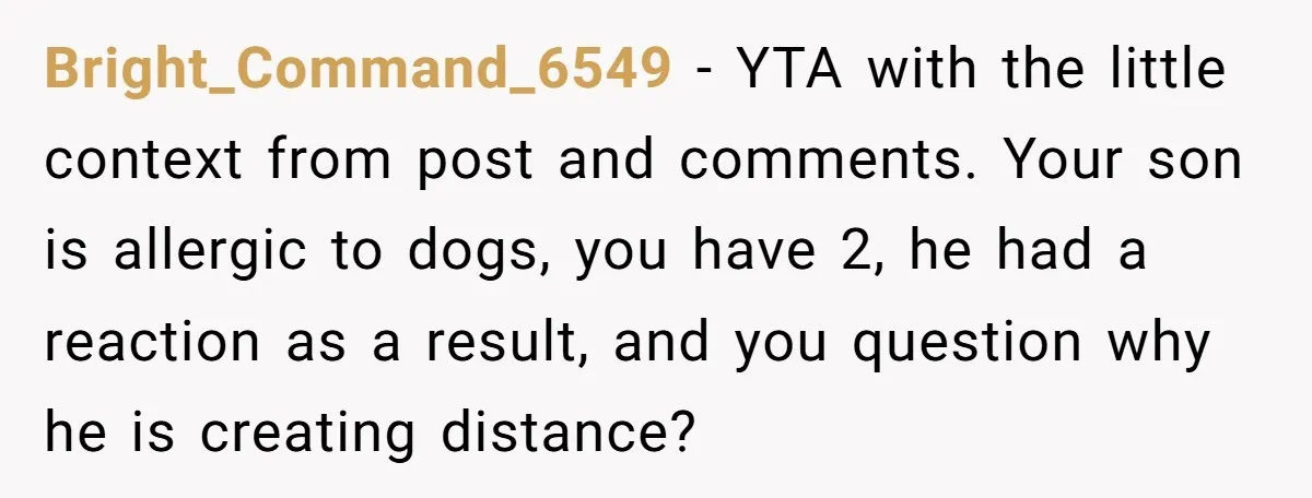 Bright_Command_6549 − YTA with the little context from post and comments. Your son is allergic to dogs, you have 2, he had a reaction as a result, and you question...