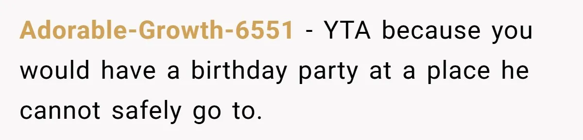 Adorable-Growth-6551 − YTA because you would have a birthday party at a place he cannot safely go to.