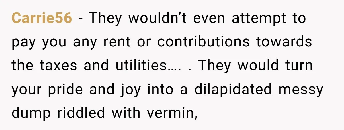 Carrie56 − They wouldn’t even attempt to pay you any rent or contributions towards the taxes and utilities…. . They would turn your pride and joy into a dilapidated messy...