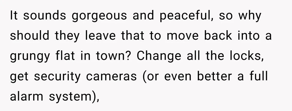 It sounds gorgeous and peaceful, so why should they leave that to move back into a grungy flat in town? Change all the locks, get security cameras (or even better...