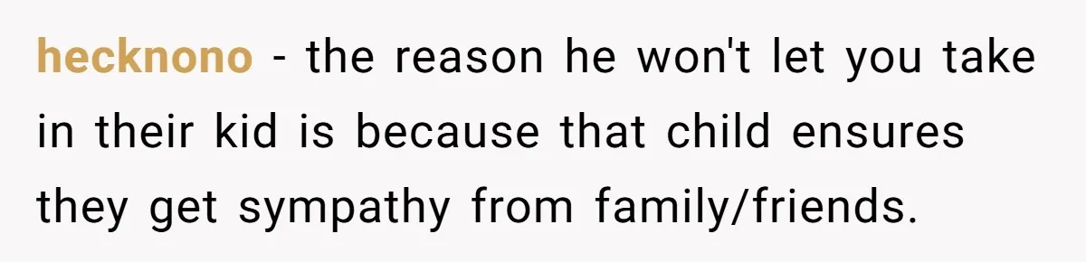 hecknono − the reason he won't let you take in their kid is because that child ensures they get sympathy from family/friends.