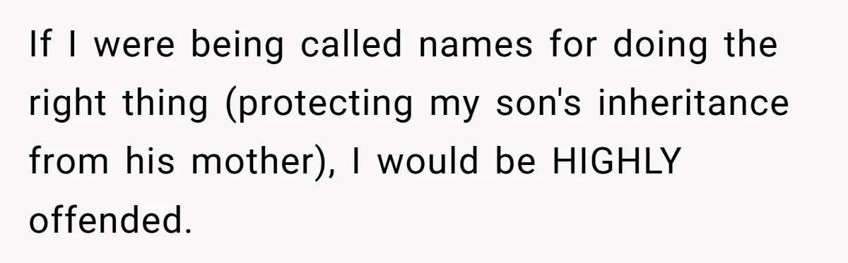 If I were being called names for doing the right thing (protecting my son's inheritance from his mother), I would be HIGHLY offended.