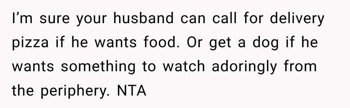 I’m sure your husband can call for delivery pizza if he wants food. Or get a dog if he wants something to watch adoringly from the periphery. NTA
