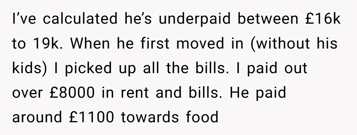 I’ve calculated he’s underpaid between £16k to 19k. When he first moved in (without his kids) I picked up all the bills. I paid out over £8000 in rent and...